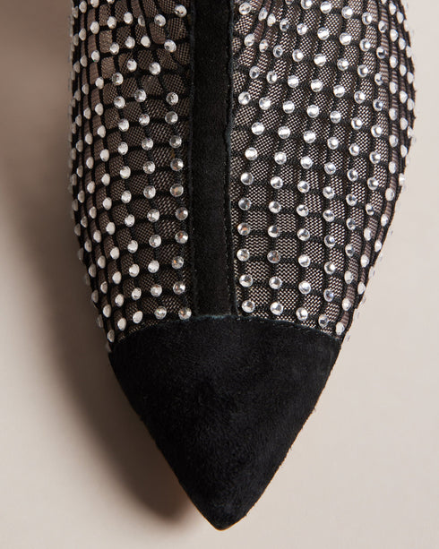 JUNAPAH-Boots-Step into the spotlight in JUNAPAH. All-over crystal mesh transforms these boots into a true statement piece. With a convenient zip fastening, these boots offer effortless wearability without compromising on style. Whether you're dressing up for a special occasion or getting ready to impress on date night, these ankle boots are the perfect combination of fashion and functionality. Ankle boots Crystal mesh Solid pointed toe Stiletto heel Zip fastening Suede leather detailing Heel height: 10.3cm